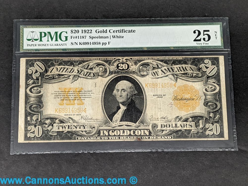 Collector Auction: United States $20 gold certificate, 1922 issue, graded PMG 25 Very Fine, featuring a portrait of George Washington and orange-gold reverse design.