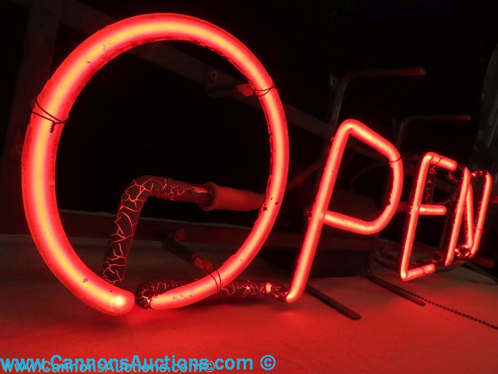 Red neon “OPEN” sign illuminated, shown as a featured lot in the Sanford & Son Trading Company online auction at The Barn in Amelia, VA.