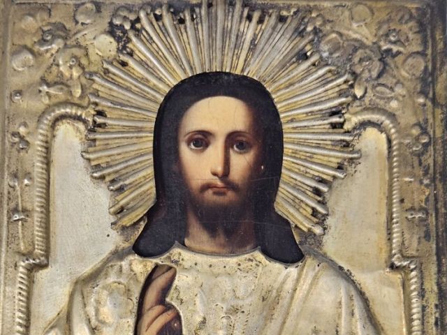Antique Russian Christ Pantocrator icon with embossed metal riza and painted wood panel, 9 x 7 in. Derbyshire Rd Online Estate Auction Richmond VA