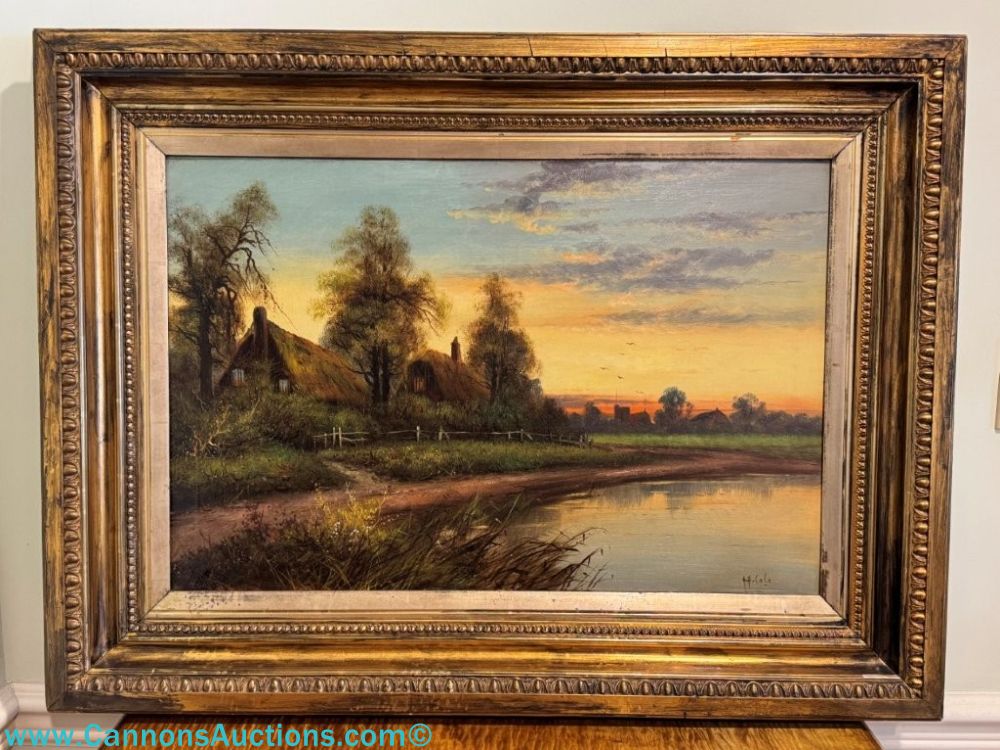 Antique John Henry Cole English cottage landscape oil painting on canvas, depicting cottages, trees, and a pond at sunset, signed lower left, in an ornate gilt frame, 40 x 30 inches.