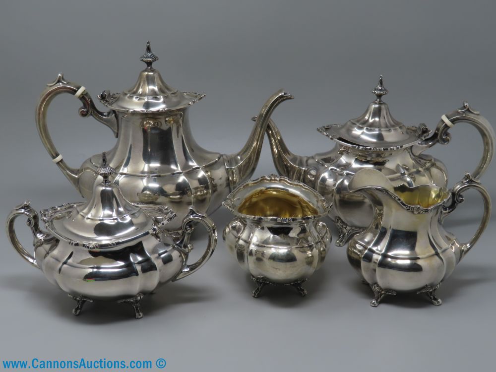 Reed & Barton Hampton Court five piece sterling silver tea set X664 with teapot coffee pot creamer and sugar bowl