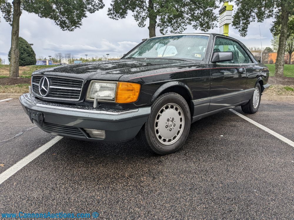 1990 Mercedes-Benz 560 SEC two-door coupe with 5.6L gasoline engine, black exterior, and alloy wheels; odometer shows 159,357 miles, starts and runs, driven to Cannon’s location, VIN WDBCA45E1LA530741