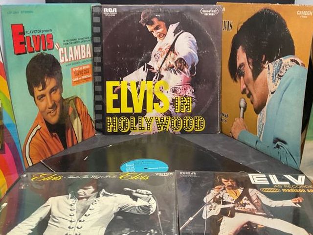 Group of Elvis Presley vinyl LP records including Elvis in Hollywood, Separate Ways, Elvis Now, C’mon Everybody, and other Elvis soundtrack and concert albums displayed upright and stacked