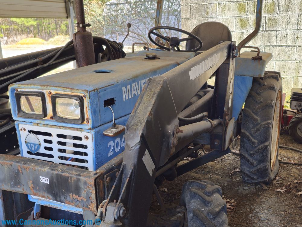 Maverick 204 utility tractor with front loader bucket, rear three-point hitch, and operator platform controls, made by Yancheng Municipality Tractor Works of China