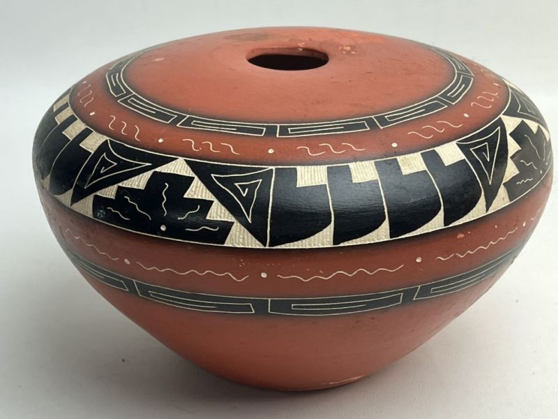 Vintage Chics Estate Sterling and Jewelry Auction Mechanicsville VA Mitch Blackhorse Navajo pottery vase with geometric black and cream banding on red clay body