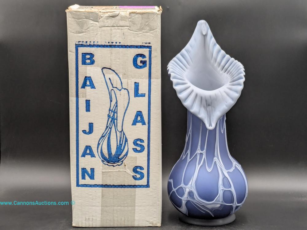 Essie Zareh Baijan Russian Azerbaijani Jack in the Pulpit layered glass vase with flared rim and original box, 17.5 inches tall