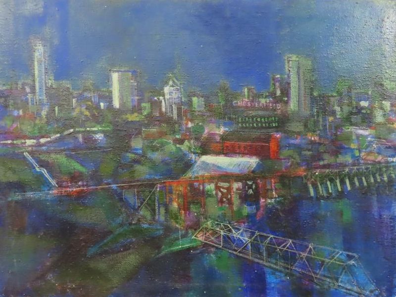 William Fletcher framed acrylic cityscape painting on canvas featuring the Richmond Virginia skyline, signed on reverse, frame measures 25 x 36 inches, Gallery Consignments Richmond VA auction
