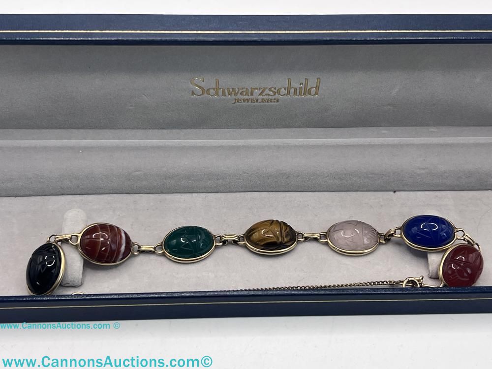 14kt yellow gold scarab gemstone bracelet from Schwarzschild Jewelers in original presentation box