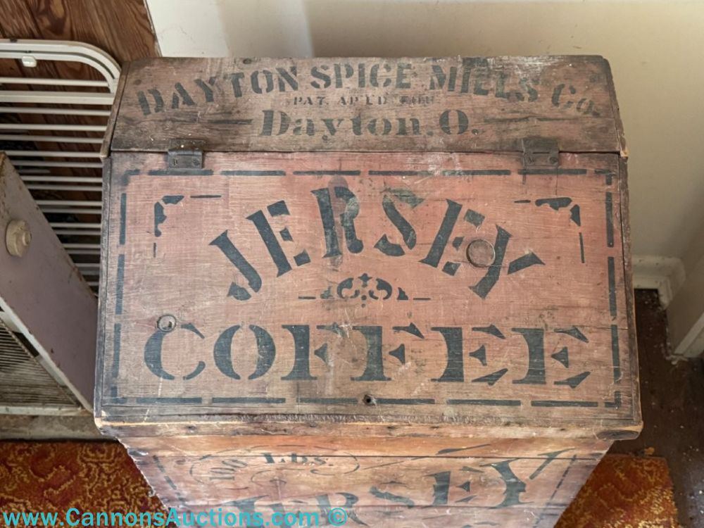 Antique Dayton Spice Mills Jersey Coffee 100 lb. wooden box with original stenciled graphics, Dayton, Ohio, measuring 22.5 x 16.5 x 31.75 inches