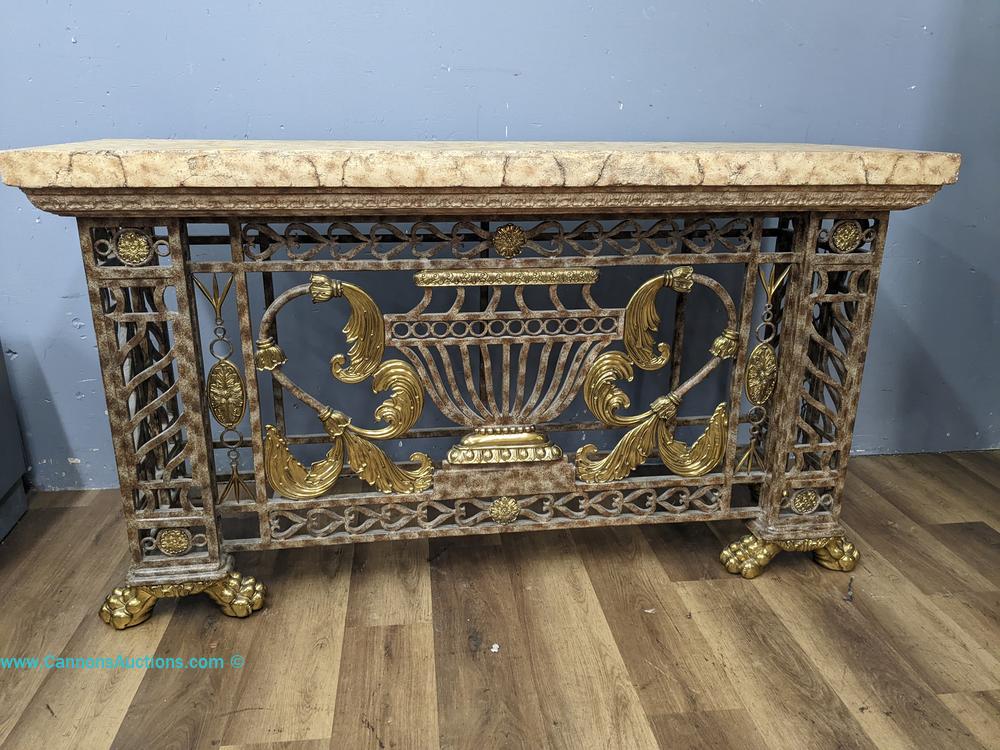 Maitland Smith wrought iron and brass console table with solid stone top and ornate urn, scroll, leaf, lattice, and paw foot details