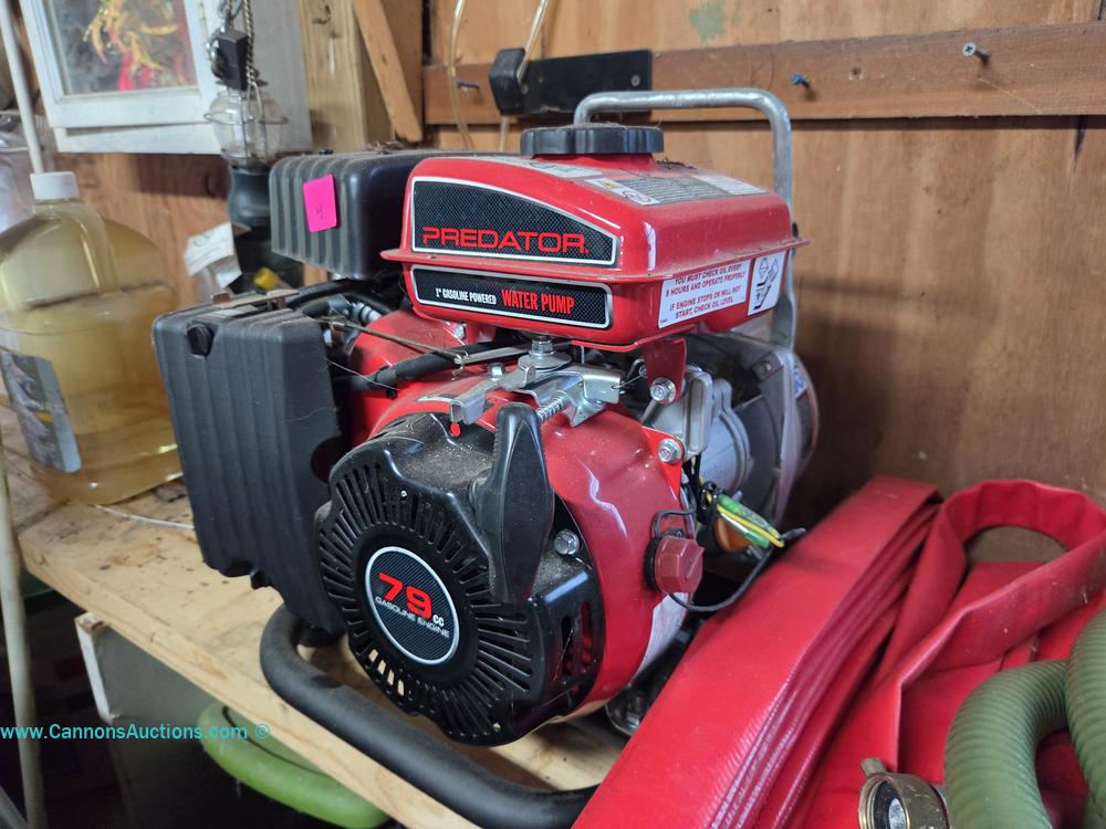 Predator 1-inch gasoline powered water pump with 79cc engine, two distribution hoses, and heavy duty intake hose.