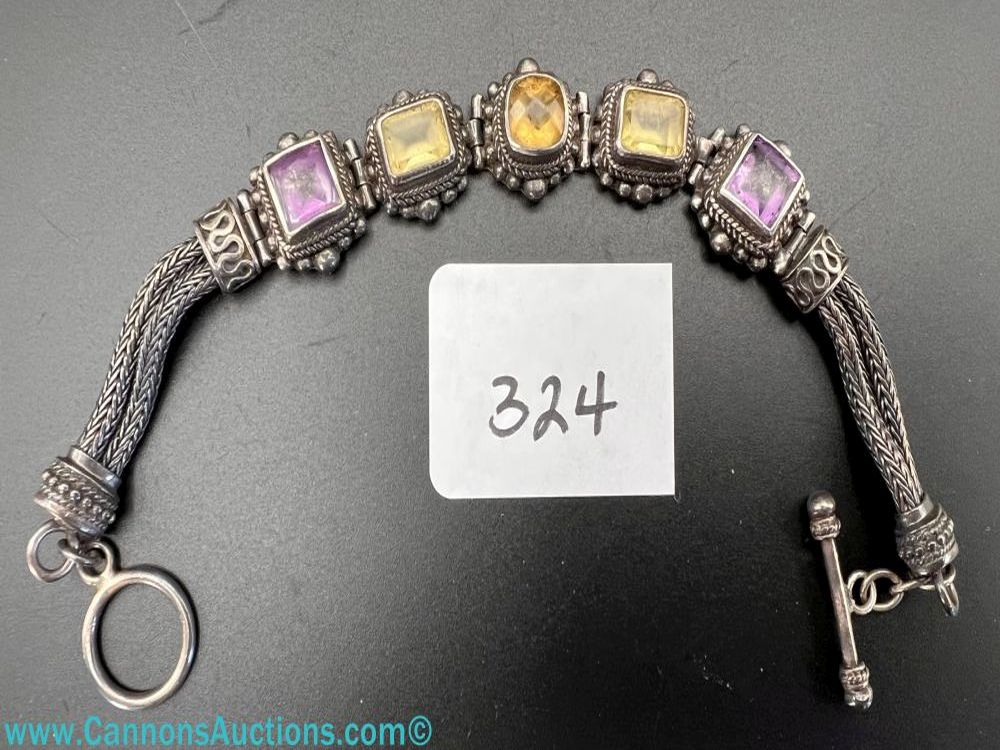 Suarti Bali BA Indonesian 925 sterling silver multi-gemstone toggle bracelet with woven chain and bezel-set stones