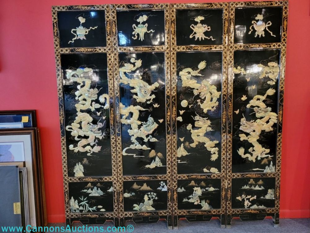 Vintage four-panel Asian room divider screen with hand painted dragon designs and mother of pearl applique, each panel 17.5 x 72 inches