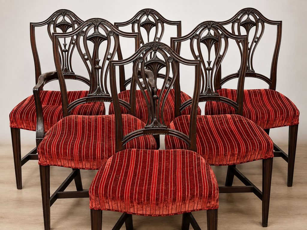 Six Potthast Bros. carved wood dining chairs with red striped upholstered seats, including one armchair