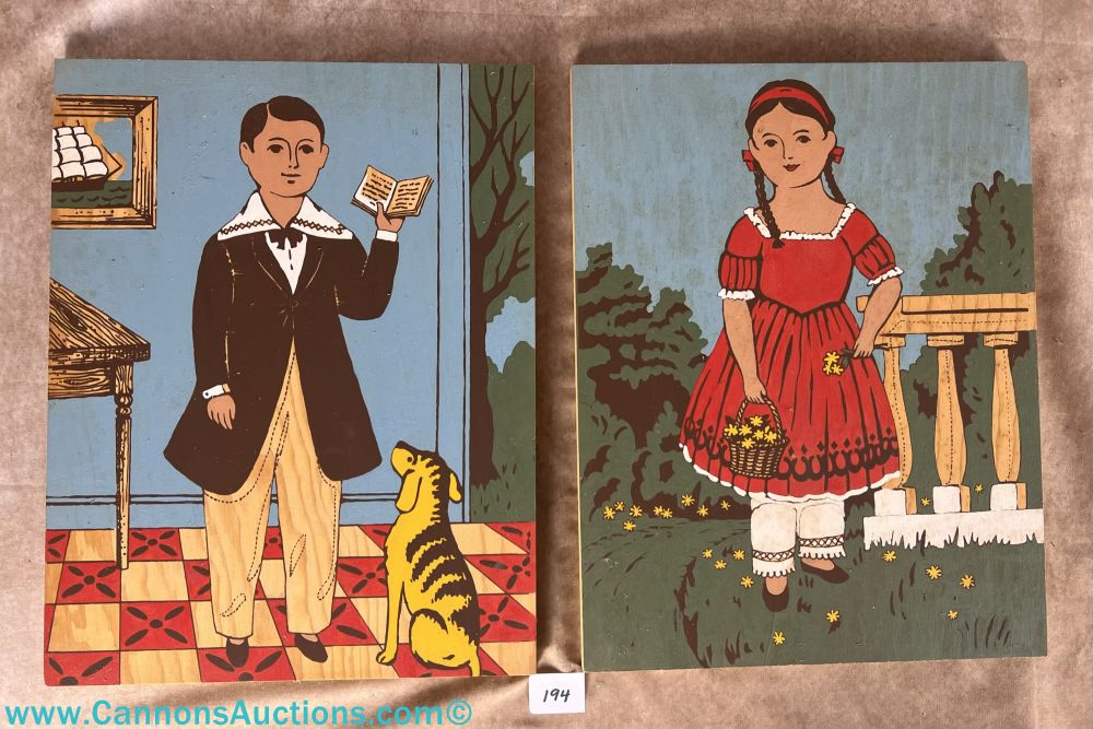 Pair of vintage American folk art paintings on wood panels depicting a young boy with a dog and a girl holding a flower basket