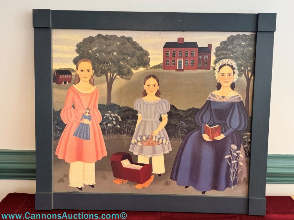 Vintage Arlene Strader folk art painting on canvas depicting three women and a child’s cradle outside a red country house, 27.5 x 23.5 inches