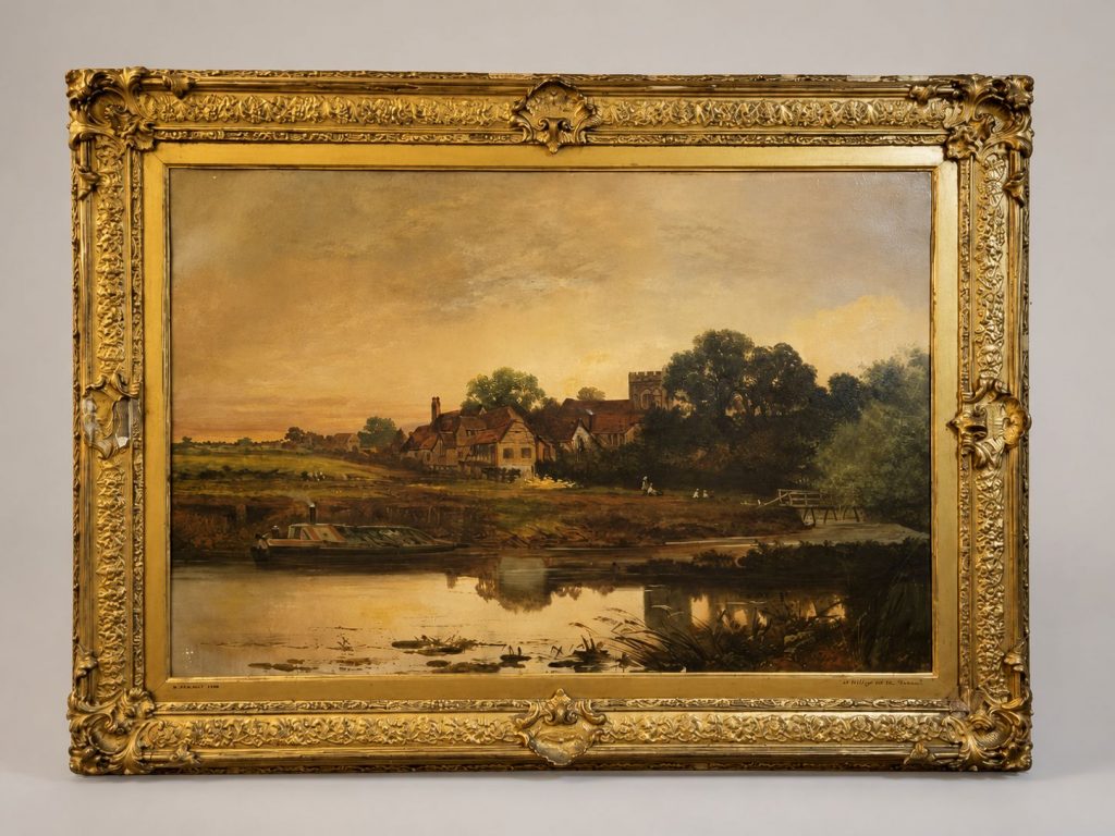 1888 oil on canvas “A Village on the Thames” by British landscape artist R. Percy, depicting a riverside village with boat, trees, and church, in the original gilt wood and gesso frame.