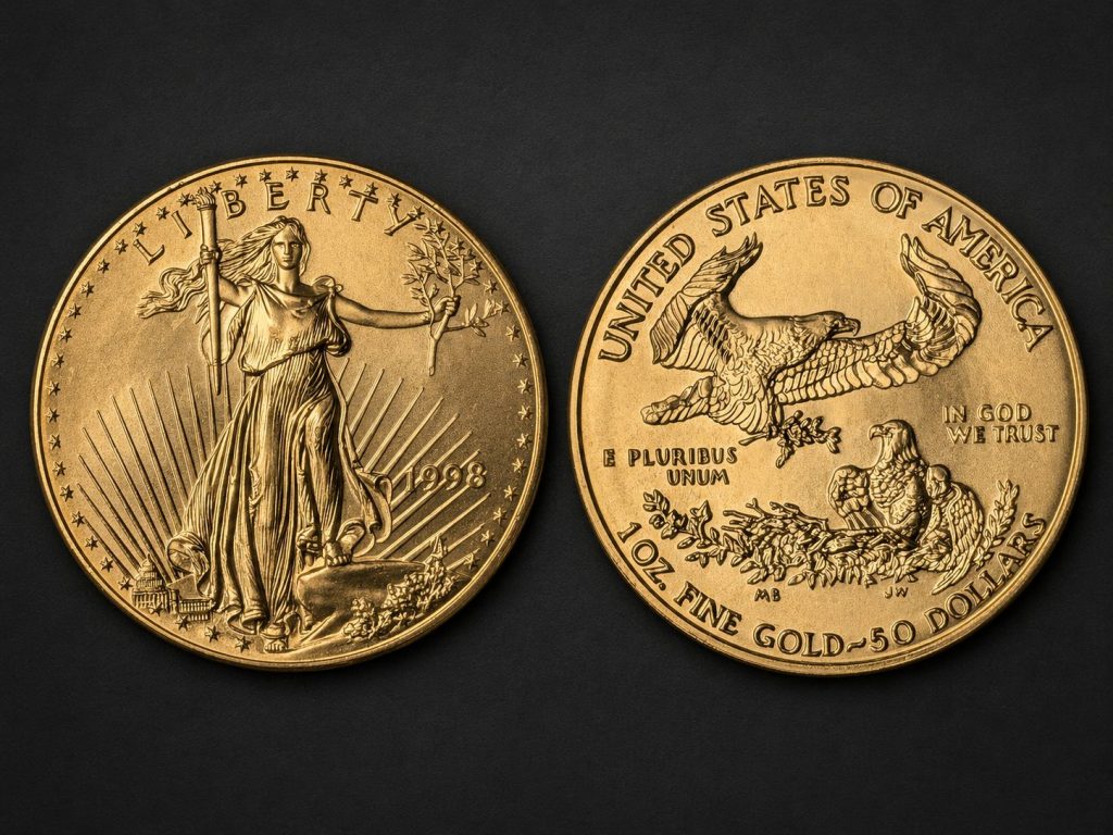 1998 American Gold Eagle $50 one-ounce gold bullion coin showing Saint-Gaudens Liberty obverse and family of eagles reverse.