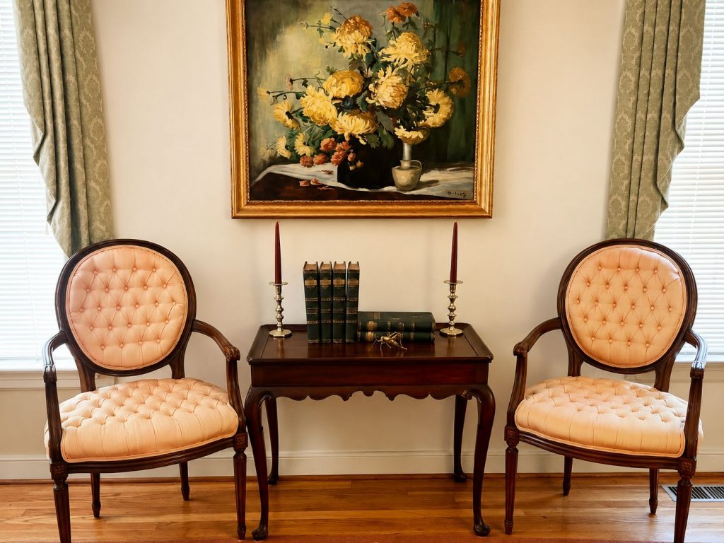 Henrico VA estate auction featuring tufted French-style armchairs, mahogany table, vintage books, candlesticks, and framed floral artwork