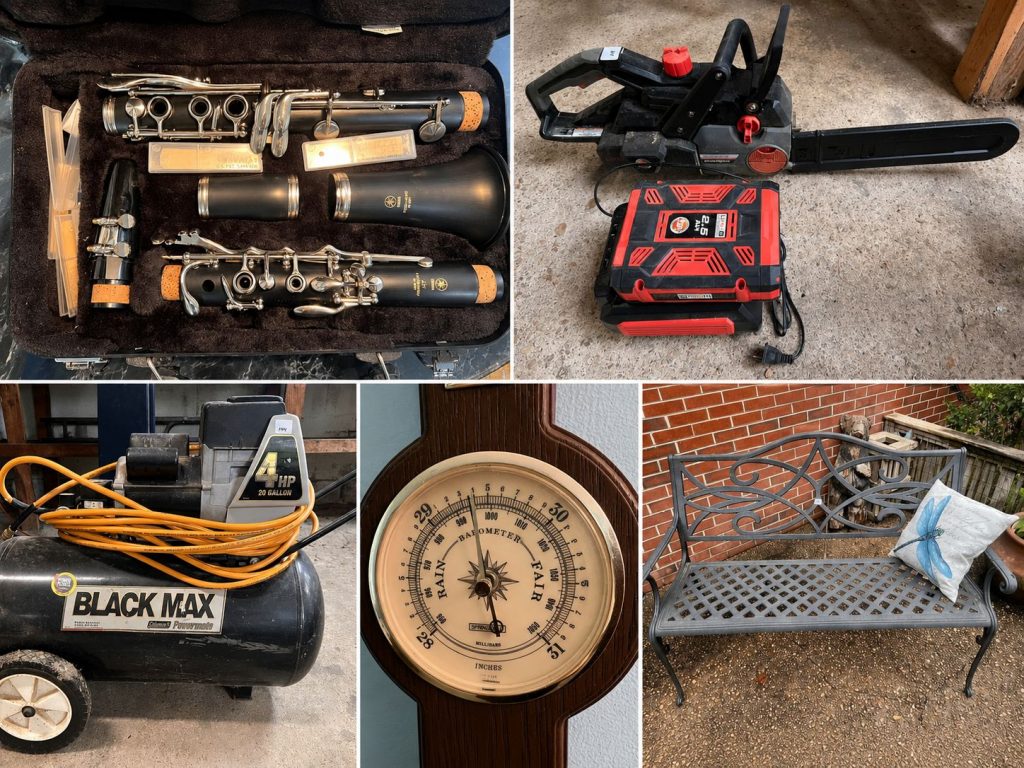 New Kent online estate auction highlights including Yamaha clarinet, DR chainsaw, Coleman Black Max air compressor, wall barometer, and cast aluminum patio bench