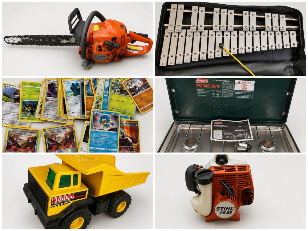Online auction collage featuring a Husqvarna chainsaw, metal glockenspiel, Pokémon trading cards, Coleman propane stove, Tonka dump truck, and Stihl FS 55 trimmer.