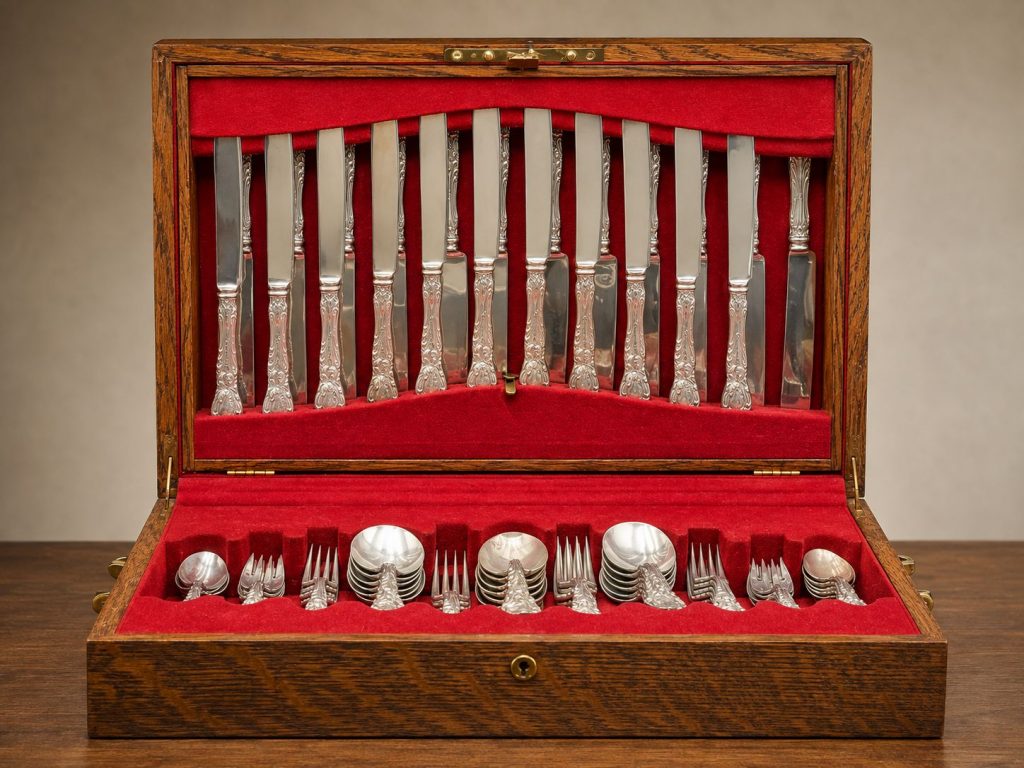 Antique Reed & Barton La Parisienne 56-piece silver flatware set dated 1902, displayed in its original oak and red-lined flatware chest.