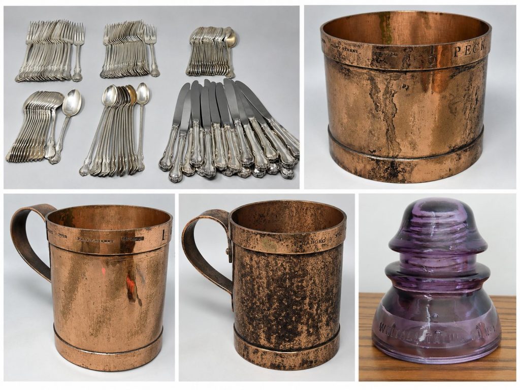Collage featuring Towle French Provincial sterling silver flatware, three antique engraved copper measuring vessels, and a purple Whitall Tatum Co. glass insulator