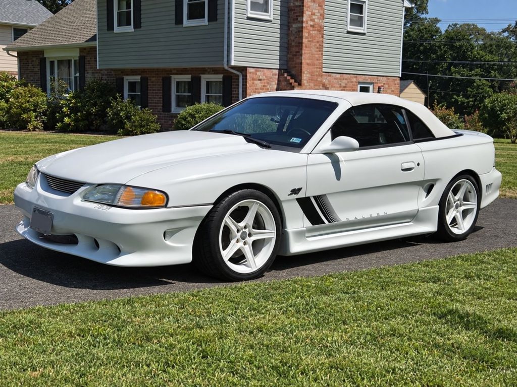 1997 Ford Mustang GT Saleen S281 convertible in white, documented by Steve Saleen as a unique 1-of-1 color and option combination.