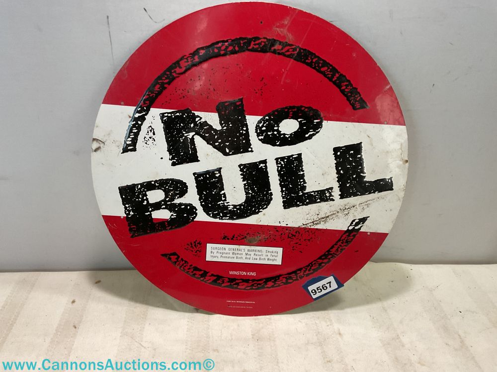 1997 Winston Cigarettes “No Bull” round metal advertising sign in red, white, and black, 17 inches diameter.