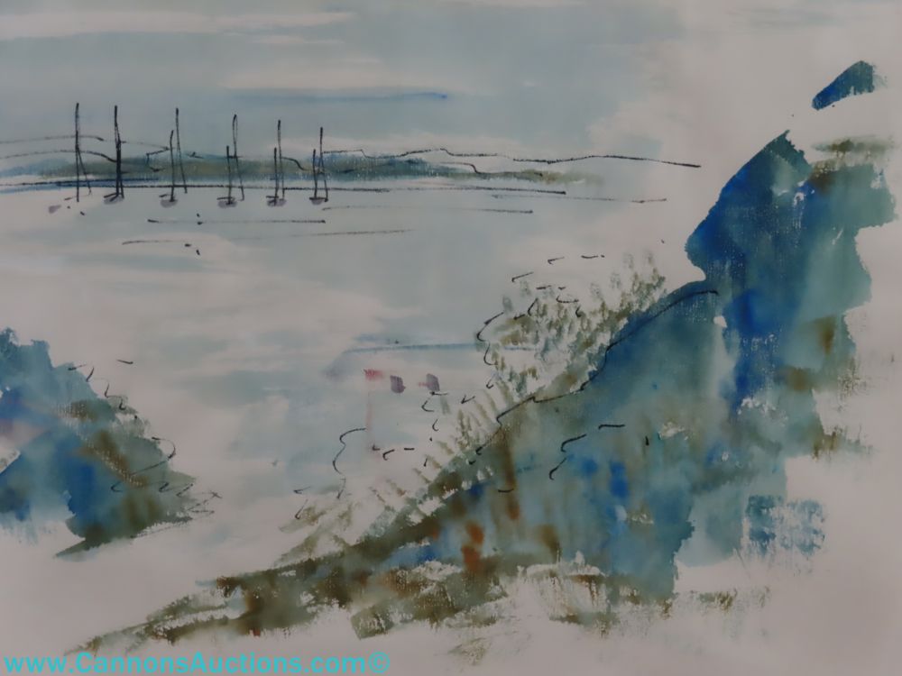 Alfred Birdsey framed watercolor seascape depicting a coastal beach scene in blue and green tones, signed lower right.
