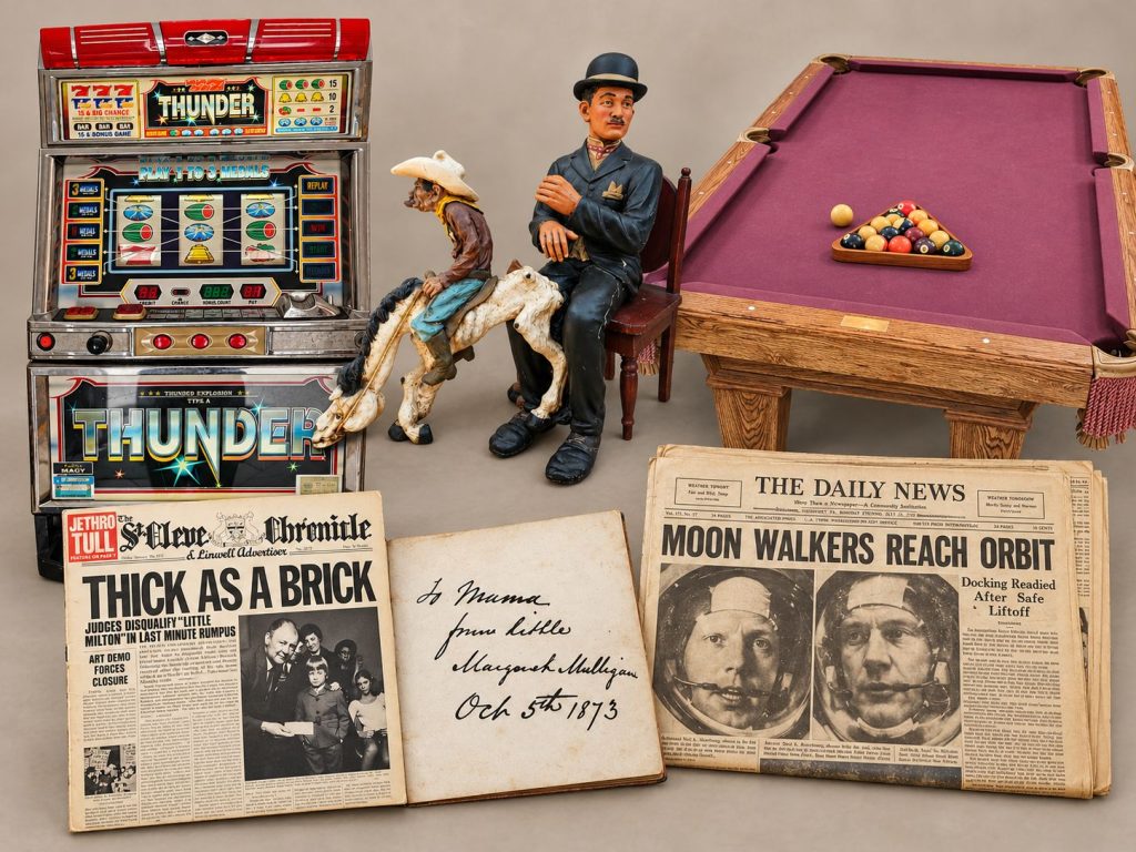 Featured items from the DNA Auction Group online auction in Aylett, Virginia, including a Thunder Explosion slot machine, Olhausen pool table, figural collectibles, vintage newspapers, and antique ephemera.