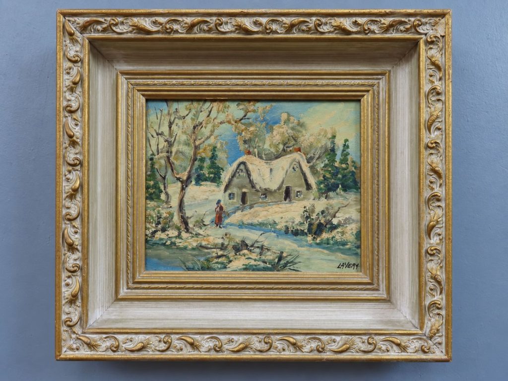 LaVera Pohl oil winter landscape showing a snow-covered cottage and a figure beneath a tree