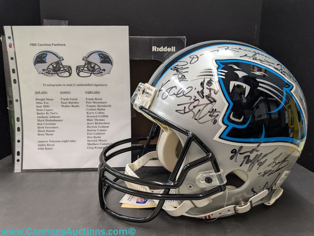 1995 Carolina Panthers team autographed on the field full size Riddell football helmet - signatures included: Jerry Richardson (owner), Frank Relch, Kerry Collins, Don Beebe, Don Capers (coach), Greg Kragen, Carlton Bailey, Derrick Graham, Pete Metzelaars, Darion Conner, and Brett Faryniarz (total 33 signatures)