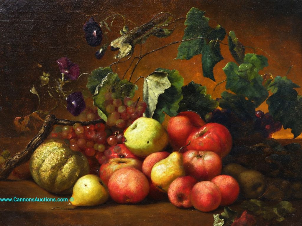 Mid-19th-century oil on canvas still life painting of fruit and foliage on a table, displayed in an ornate gilt frame with floral and leaf decoration.
