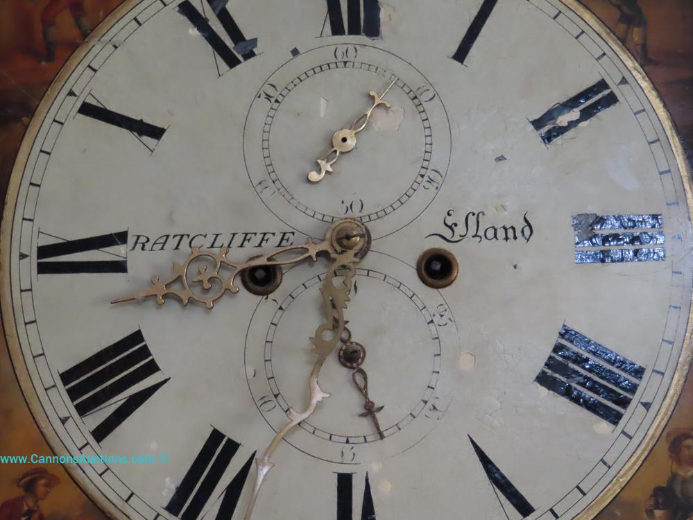 19th-century mahogany Ratcliffe Elland longcase clock with painted Roman numeral dial, agricultural and heraldic scenes, pendulum and weights.