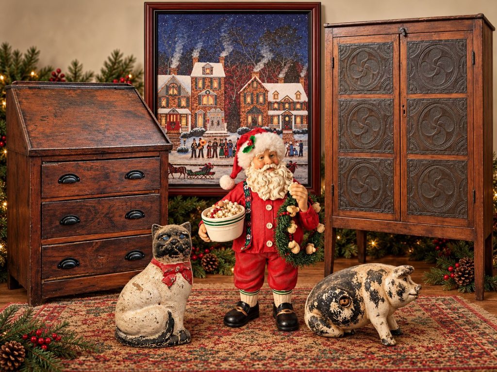 Christmas Before Christmas estate auction in Glen Allen VA featuring Possible Dreams Santa, M. A. Vessey winter artwork, antique furniture, and vintage cast iron collectibles.