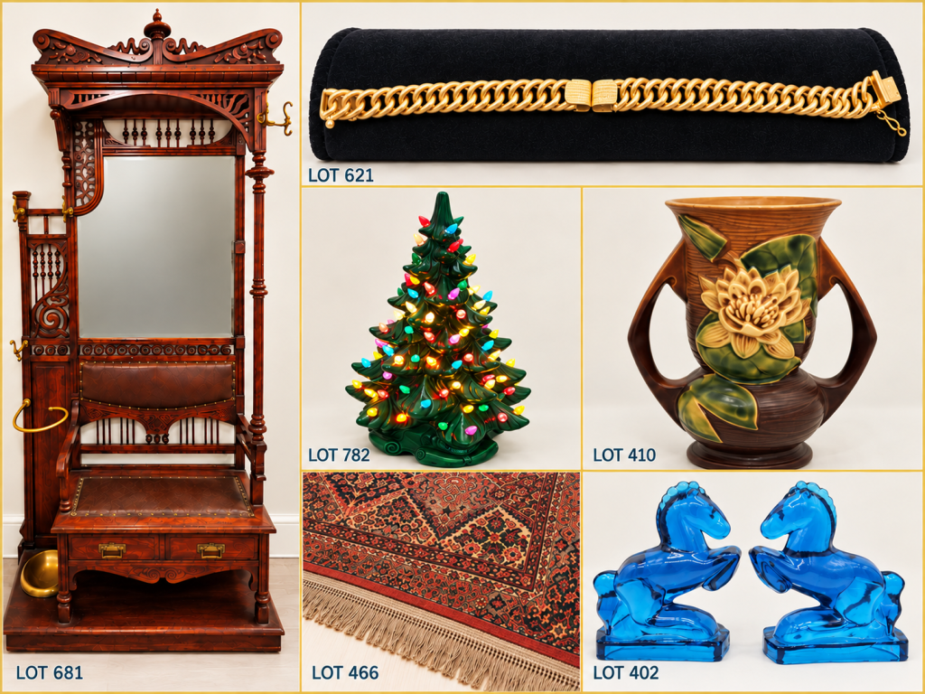 Featured lots from DNA Auction Group's October 19, 2026 Richmond VA online estate auction, including antique hall tree, gold bracelet, Roseville pottery vase, ceramic Christmas tree, Karastan rug, and blue glass horse figures.