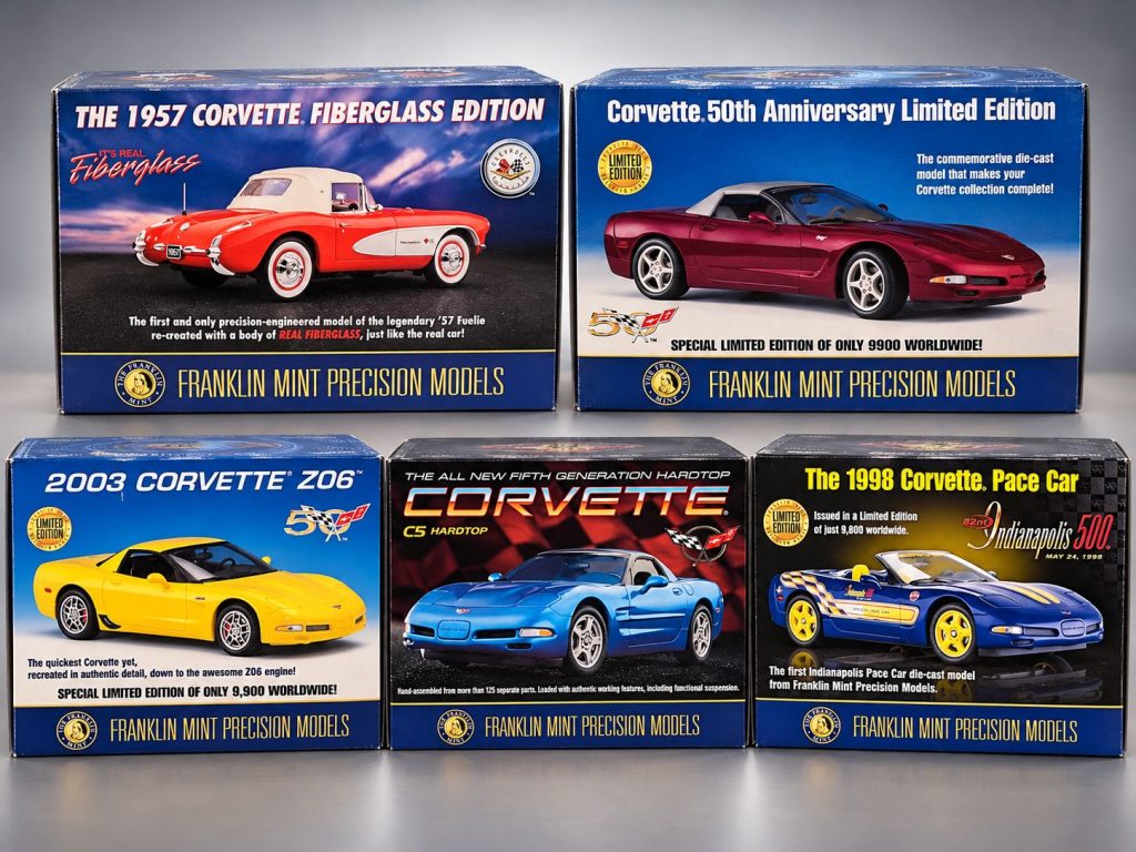 Collage of five Franklin Mint Precision Models Corvette collectibles, including the 1957 Fuelie Fiberglass Edition, 50th Anniversary Corvette, 2003 Z06, C5 Hardtop, and 1998 Indianapolis 500 Pace Car.