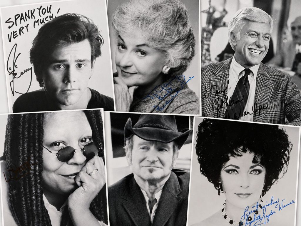 Collage of celebrity signed photographs featuring Jim Carrey, Bea Arthur, Dick Van Dyke, Whoopi Goldberg, Robin Williams, and Elizabeth Taylor from the Gary Donis Autograph Collection auction in Richmond, VA.