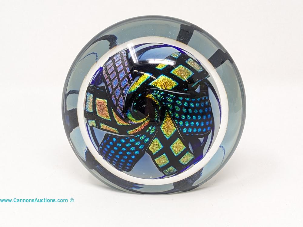 John McDonald signed artisan dichroic glass paperweight with iridescent blue and gold geometric design, 3.5 inches tall, featured in Cannon's November 4 Richmond gallery auction.