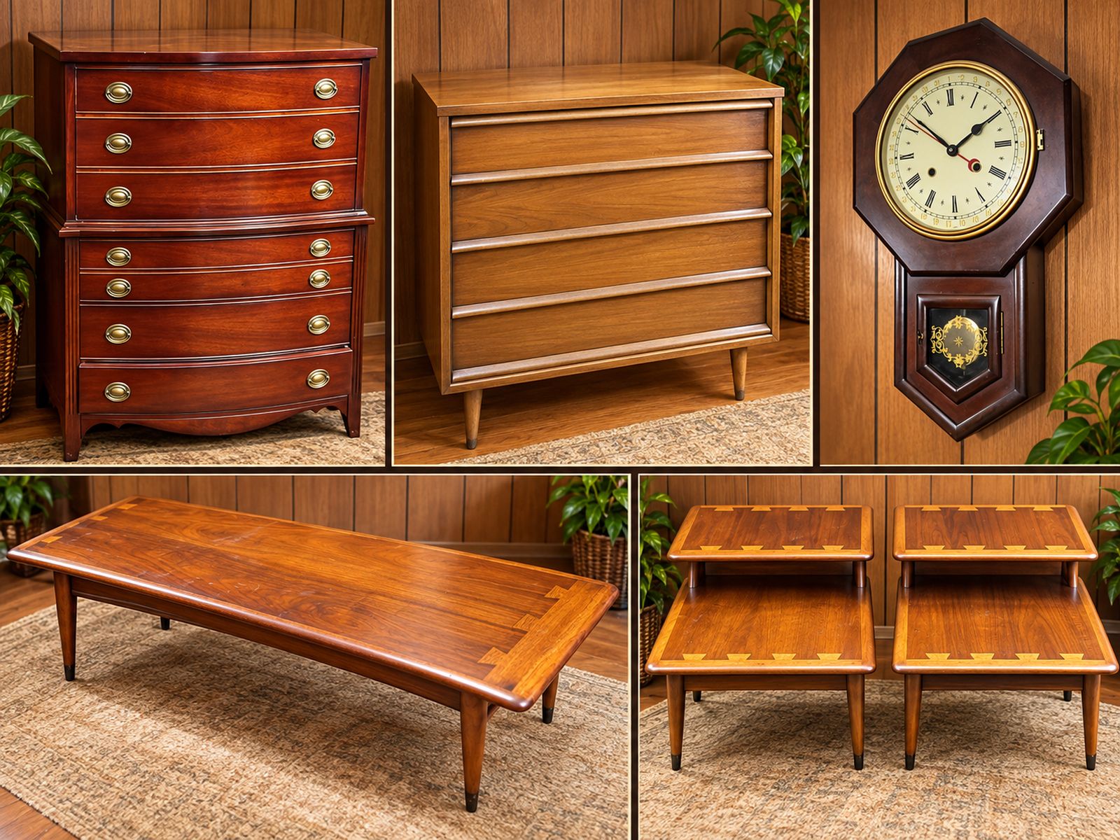 Vintage wood dressers, mid-century tables and wall clock featured in the Unionville VA estate auction by Cannon's Auctions.